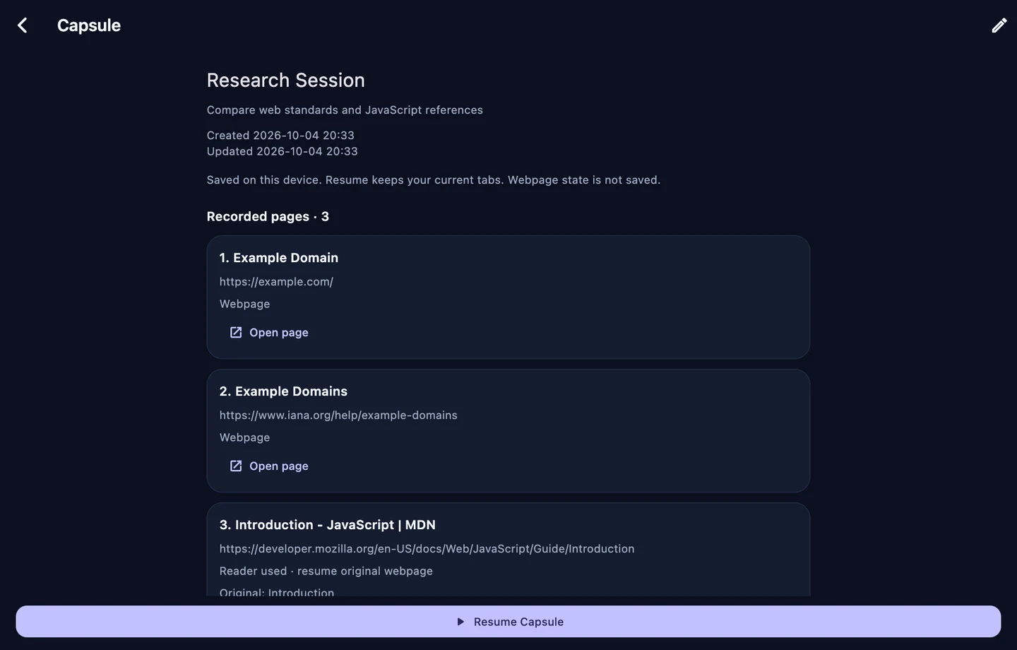 Actual Browser development build: a saved Research Session, its written purpose, three references and Resume Capsule action.